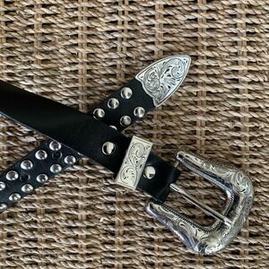 Black Leather Western Belt with Silver Studs and Buckle